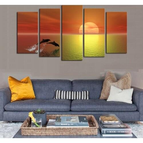 5 Piece Canvas Art Sunset dolphin Canvas Painting Unframed Wall Art Canvas Poster and Prints Wall Picture for Living Room
