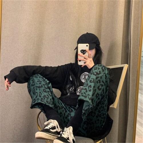 Mom pants womens retro high-waisted leopard mop wide leg pants showing thin trousers womens jeans