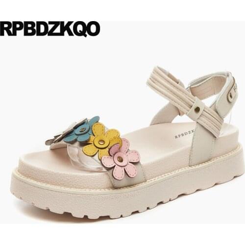 Holiday Flatform Cute Women Nice Kawaii Ladies Beige Slingback Open Toe Flower Pumps Two Strap Sandals Shoes Harajuku 2018 Flat