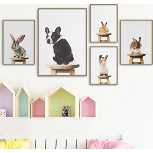 Baby Animal Stand On Chair Poster Rabbit Dog Cat Canvas Painting Nursery Wall Art Nordic Picture Kids Room Decoration