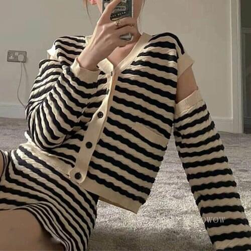 Removable Sleeve Striped Cardigan 2021 Autumn Lazy Oaf Loose Knit Cardigan Fashion Knitwear Sweater Coat and Vest Streetwear