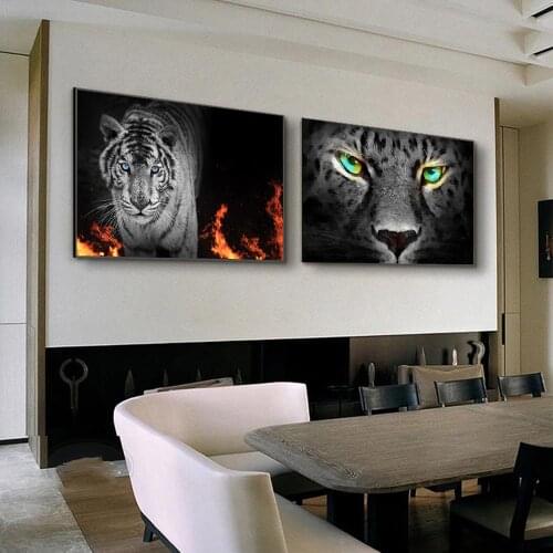 Black White Animals Green Eyes Lions Oil Painting Canvas Art Poster Prints Wall For Living Room Home Wall Cuadros Decor Pictures