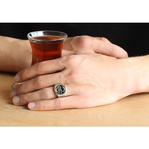 Tesbihane Personalized Name and Picture Pattern Cabochons Round 925 Sterling Silver Men 'S Ring