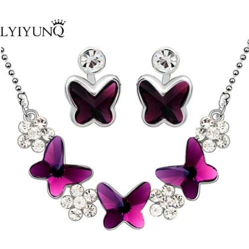 LYIYUNQ 2017 Classic Butterfly Crystal Stud Earrings Pendant Necklace Jewelry Set Fashion Romantic Jewelry Sets For Women