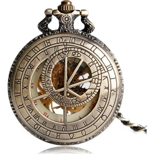 Retro Bronze Roman Number Skeleton Mechanical Pocket Watch Hand-winding Fob Watches Birthday Christmas Gift