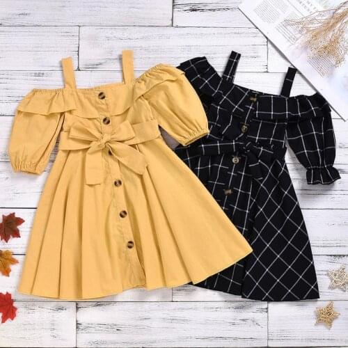 Fashion Dress A-line Elastic Collar Bands Sweet Girl Puff Sleeves Off Shoulder Baby Dress for Daily