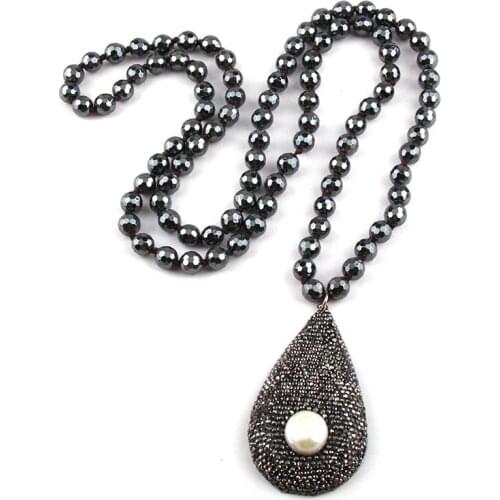 MOODPC Faceted Hematite Stone Long Knotted Neck Handmade Crystal Paved Pearl Drop Pendant Necklaces Women Ethnic Necklace