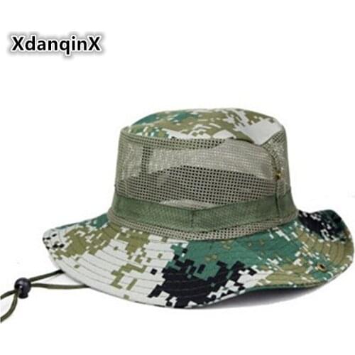 XdanqinX Spring Summer Mens Camouflage Bucket Hats Fixed Rope Mesh Ventilation Basin Caps Outdoors Vacation Sports Sun Hat