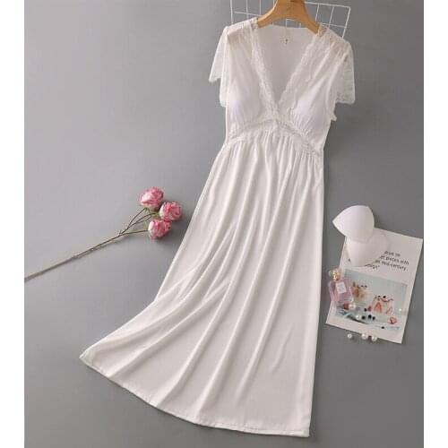 V-neck Nightgown Summer New Satin Sleepwear For Women Long Nightdress Lace Patchwork Sleep Dress Intimate Lingerie Home Clothes
