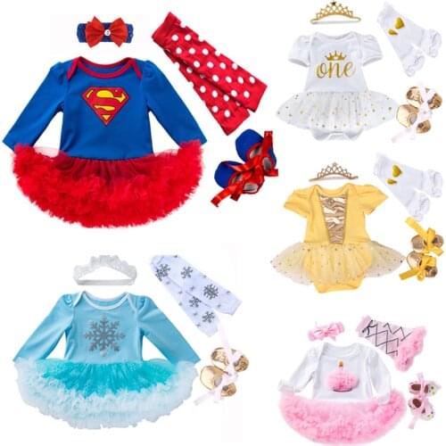 New My First Birthday Baby Girl Clothes Newborn Cartoon Costumes Bebe Baby Tutu Romper Lace Girl Dress Shoes 4pcs Clothing Set