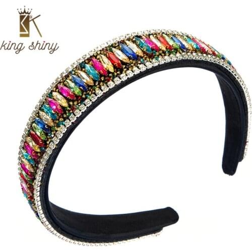 King Shiny Luxury Color Rhinestone Headband for Woman Vintage Gem Diamond Crystal Beaded Hairband Girl Wedding Party Tiara Bezel