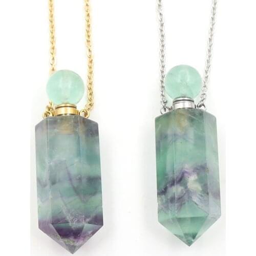 Women Necklace Perfume Bottle Pendant Natural Rainbow Fluorite Stone Hexagon Point Bead Essential Oil Diffuser Chains Necklaces