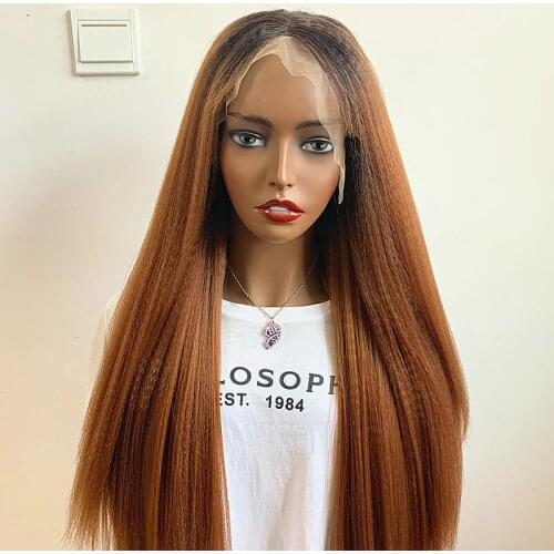 Ombre Black Brown Kinky Straight Synthetic Lace Front Wig Glueless Heat Resistant Fiber Hair Natural Hairline For Women Wigs