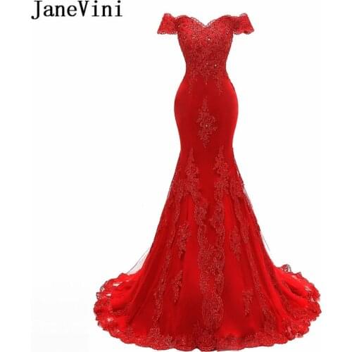 JaneVini Arabic Mermaid Sequined Bridesmaids Dresses For Women Long Red Lace Beaded Wedding Party Dress Court Train Formal Gowns