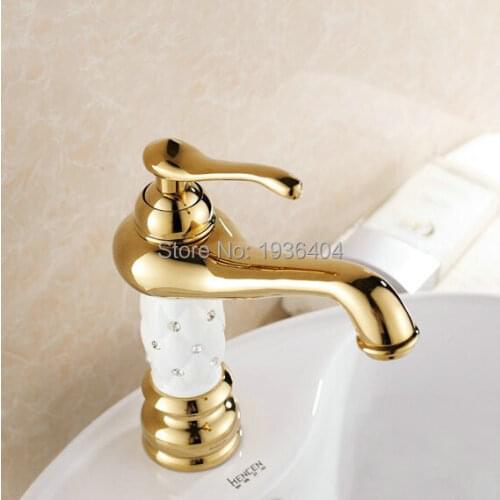 Golden Plated White Basin Mixer Taps With Diamond Single Hole Luxury Sink Faucet G1073