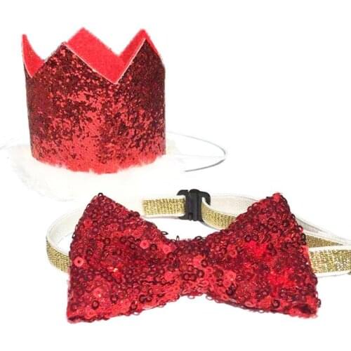 Christmas Pet Costume Dress Up Cat Dog Xmas Holiday Costume Ornaments Red Color Crown Hat With Cat Bowtie Collar