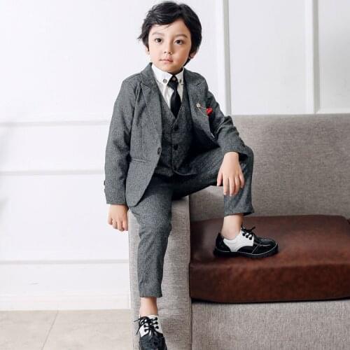Flower Boys Solid Jacket Vest Pants 3Pcs Clothing Set Gentleman Kids Wedding Suit Children Performance Tuxedo Dress