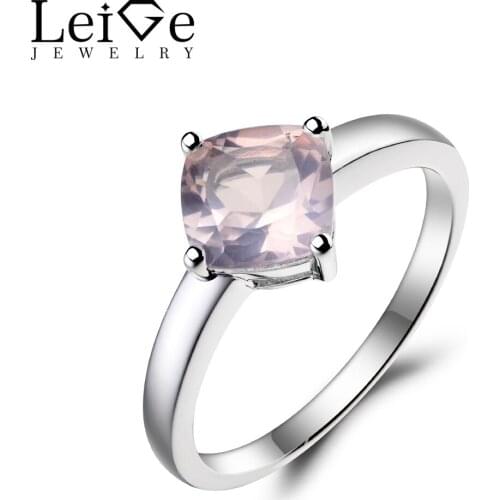Leige Jewelry Real Natural Pink Quartz Ring Wedding Ring Cushion Cut Pink Gemstone Solid 925 Sterling Silver Gifts for Women