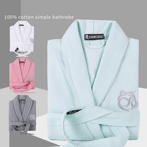 Waffle 100% Cotton Men Bathrobe Long-sleeve Sweat Evaporate Couples Kimono Bath Robes Hotel SPA Women Robes Dressing Gown Summer