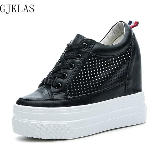 Hollow Out Womens Shoes Wedges 11cm Black White Vulcanize Shoes Women Sneakers Casual Platform Heels Comfortable Chunky Sneakers