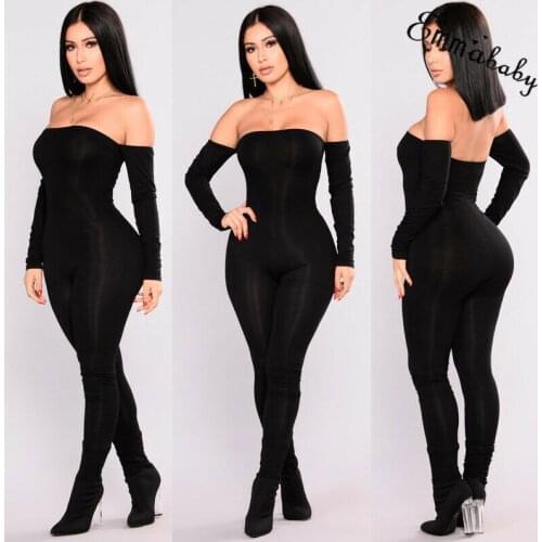 Jumpsuit Women Off Shoulder Bodycon Long Sleeve Clubwear Playsuit Jumpsuits Rompers Skinny Sexy Jumpsuits Female Black Trousers