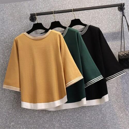 Womens Oversized Half-sleeve Thin Knit Tops 2021 Summer And Autumn New Fashion Loose Round Neck Female T-shirt Trend e442