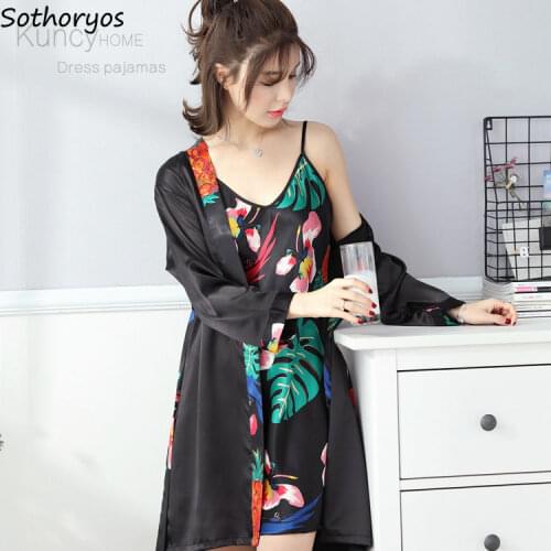 Robe Gown Sets Women Long Sleeve Printed Leisure Chic Silk Sexy Womens Elegant Sleepwear Nightdress Homewear Bathrobes Ulzzang
