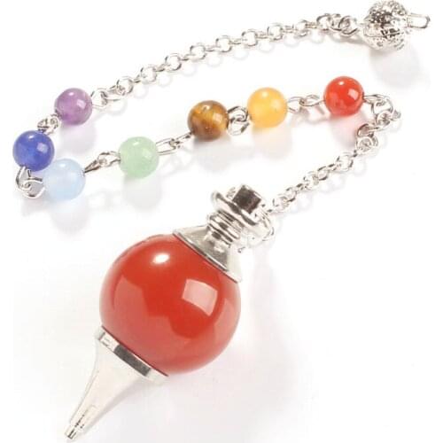 100-Unique 1 Pcs Silver Plated Red Agates With 7 Colors Stone Beads Chain Dowsing Pendulum Pendant For Gift