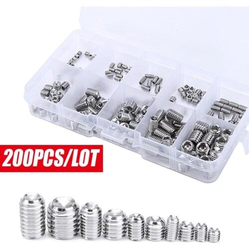200pcs 304 Stainless Steel Head Socket Hex Grub Screw Assortment Metric Standard Hexagonal Steel Grub Point Screw Bolts