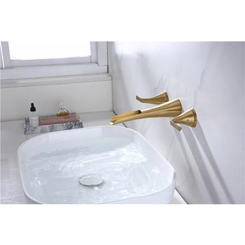 Free ship Luxury Wall Mounted Waterfall Bathroom lavatory washbasin sink Faucet Brushed Gold Tap New