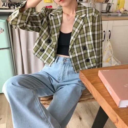 Blazers Womens Autumn Plaid Short Style Casual Chic High Street All-match Retro Female Outwear Loose Double Breasted Fashion New
