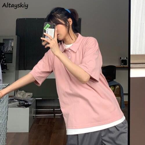 T-shirts Women Summer Pure Color Trendy Cozy Turn Down Collar Korean Style Female Casual All-match Ulzzang Student Mujer De Moda