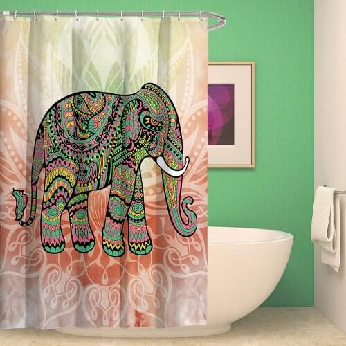 Indian Colorful Elephant Printed Waterproof Polyester Shower Curtain Coral Velvet Bath Set
