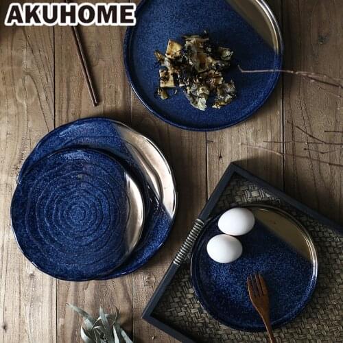 Ceramic Plates Round Dishes Creative Deep Blue Japanese Style Dinnerware Steak Plate Ceramic Dish Plate Shallow Plate