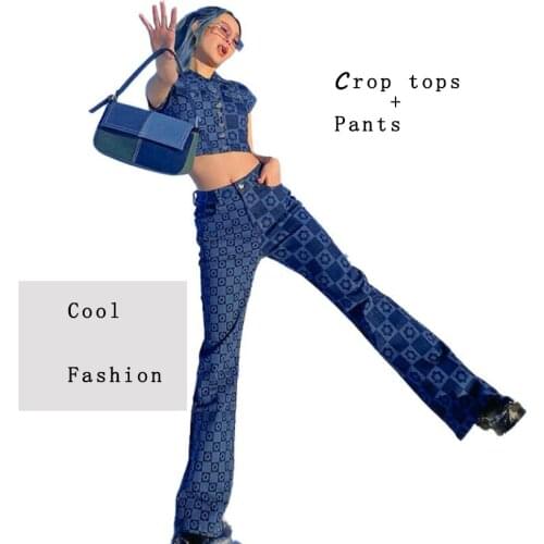 Lapel Neck Summer Short Sleeve Shirts Demin Plaid Heart Pattern Printed Fashion Streetwear Crop Tops and Pants High Quality