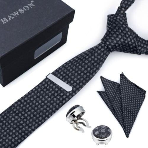Hoary Dot HAWSON Men Neck Ties Set with Sleeve Button Cover Cuff links Pocket Square Tie Clip Polyester