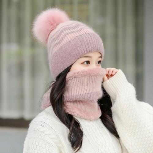 New Autumn Winter Knitted Hats Women Thick Warm Beanie Skullies Female Plush Bonnet Caps Outdoor Hat and Ring Scarf 2PC Sets