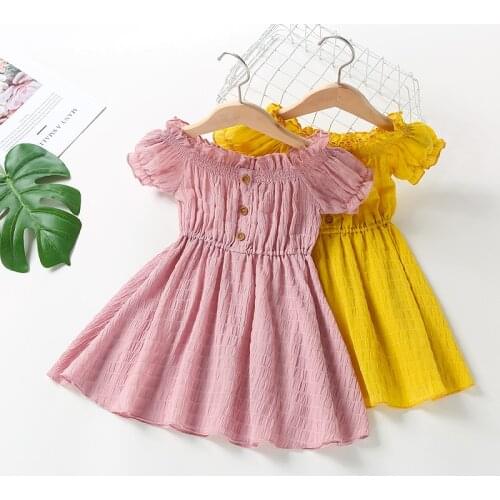 New Summer Kids Clothes Solid Short Sleeve Shoulderless Girls Dress Sweet Children Dress Toddler Girl Clothes Kids Dresses 0-6Y