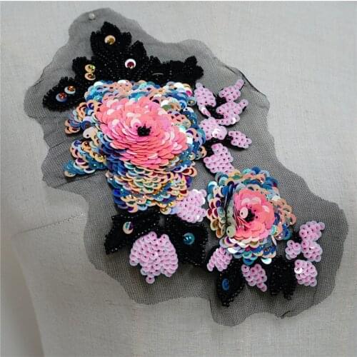 Luxury 3D Sequins Lace Flower Embroidery Patch Colorful Sequined Applique For Bridal Sewing Fabric DIY Craft Clothes Accessory