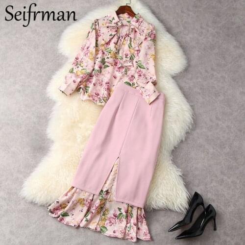 Seifrmann New 2021 Summer Women Fashion Runway Skirts Set Lantern Sleeve Chiffon Shirts+Slim Mermaid Skirts 2 Two Pieces Suits