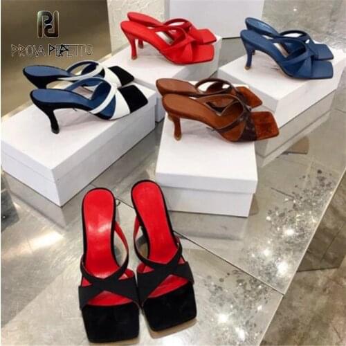 French leather cross strap color matching slippers summer new fashion square toe stiletto open toe high heel sandals women