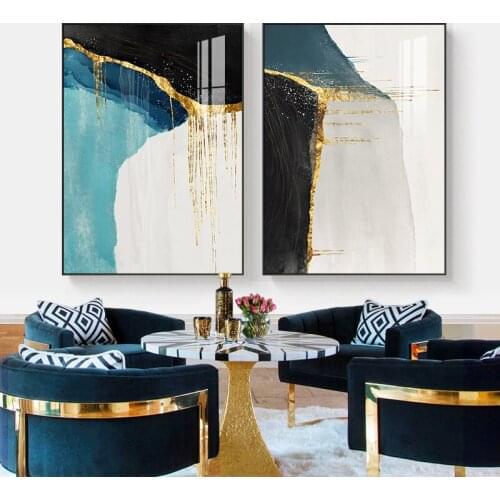 Nordic Golden foil lines abstract Poster Art Plant Canvas Painting Modern blue Decoration Wall Picture for Living Room Decor