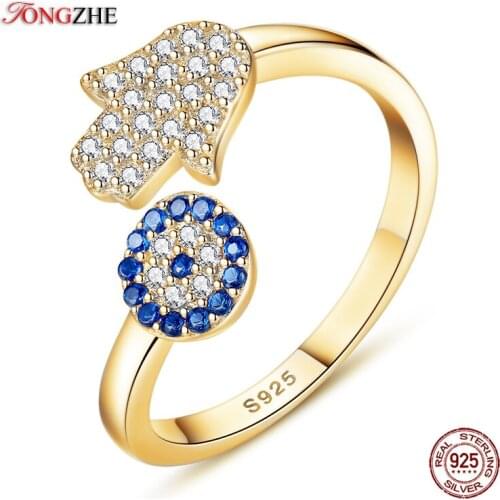 TONGZHE 925 Sterling Silver Evil Eye Blue Eye AND Hamsa Hand Fatima Adjustable Female Rings Open Size Ring Wedding Jewelry 2019