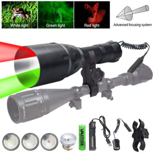 VASTFIRE XM-L2 White/XPE Green/Red/IR Led Tactical Night Hunting Flashlight Weapon Gun Light+Remote Switch+18650+USB Charger