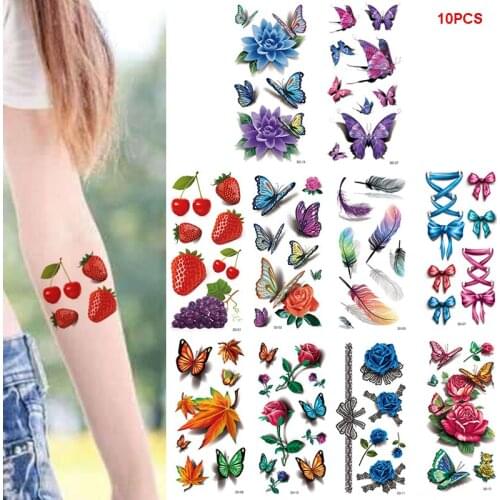 10Pcs Waterproof Temporary Tattoo Sticker Flower Rose Flash Butterfly Feather Body Art Arm Fashion Fake Sleeve Man Women Tattoos