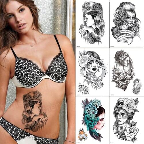 Temporary tattoo sticker sketches tattoo designs girl face roses pattern big size fake tatoo waterproof 6pcs/set sexy body art