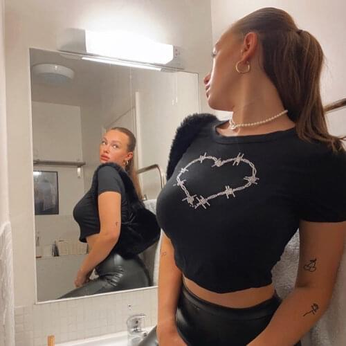 Y2K Aesthetic Red Baby Tee Diamond Heart Cute Kawaii Graphic Tees Short Sleeve 2000s Woman Tshirts Summer 2021 Harajuku