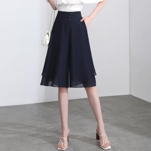 Women Irregular Double Black Wide Leg Chiffon Pants Summer Female Casual Harajuku Thin Loose Short Knee Length Trousers