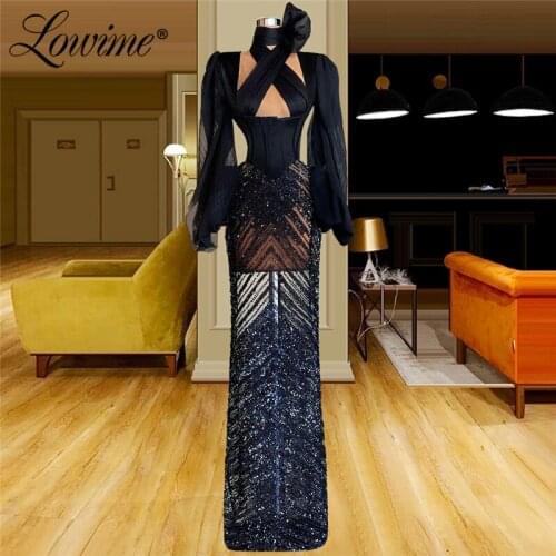 Lowime 2021 Newest Black Evening Dresses Long Sleeve Mermaid Handmade Beading Crystals Arabic Party Gowns For Wedding Prom Dress