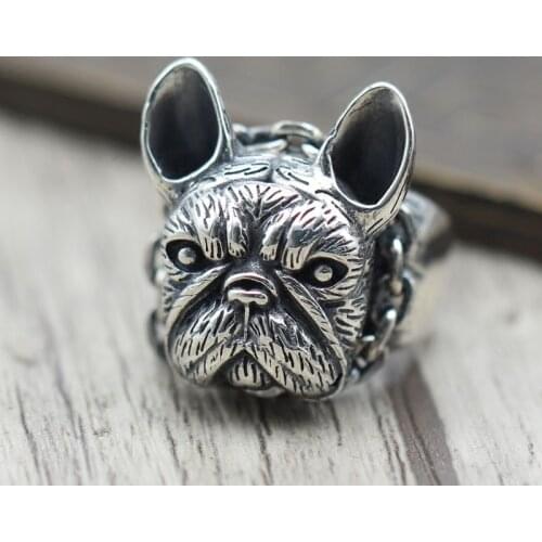 100%S925 silver jewelry Retro Vintage dog ring personality Bulldog men silver ring opening domineering